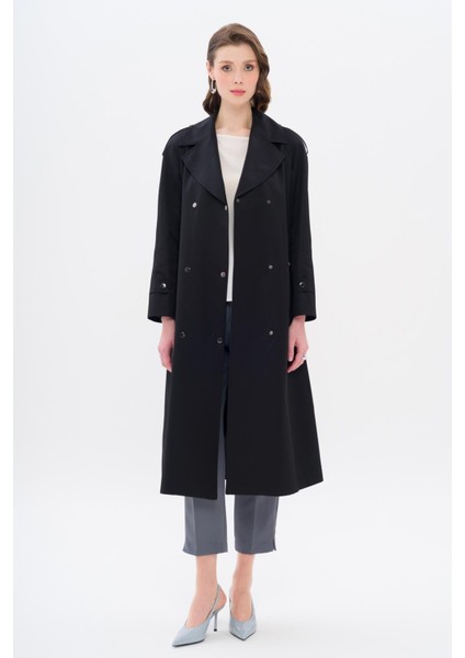 Pelerin ve Apolet Detaylı Çıt Çıt Kapamalı Su Itici Özellikli Trençkot Siyah 6709