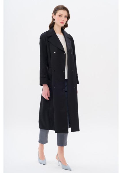 Pelerin ve Apolet Detaylı Çıt Çıt Kapamalı Su Itici Özellikli Trençkot Siyah 6709 indirimleri