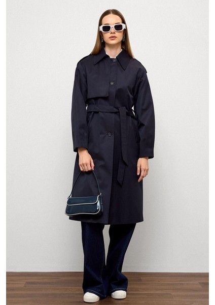 Punto Dikiş Detaylı Rahat Kalıp Su Itici Özellikli Trençkot Lacivert 6769 modelleri