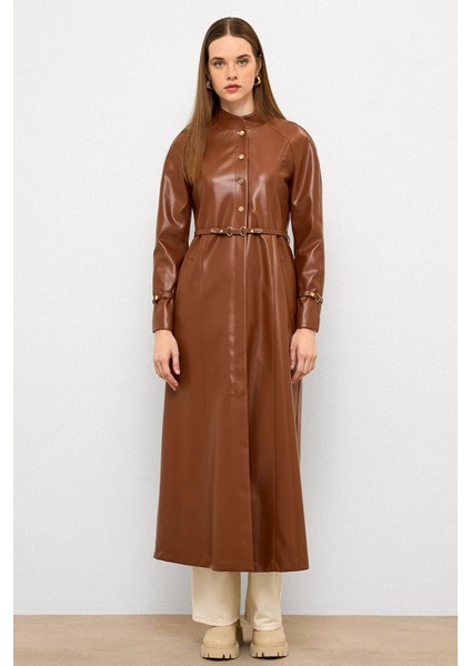 Hakim Yaka Kemer Detaylı Uzun Deri Trençkot Taba 6775