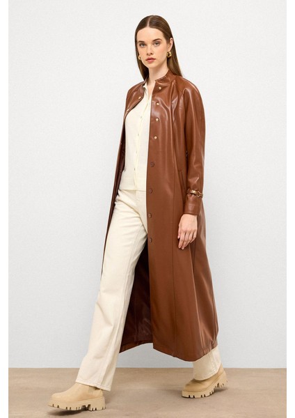 Hakim Yaka Kemer Detaylı Uzun Deri Trençkot Taba 6775 fiyatları