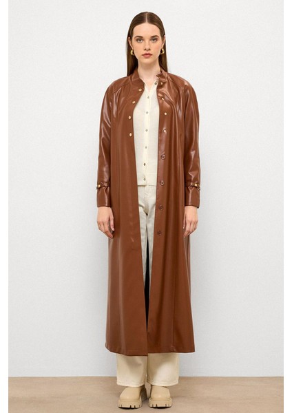 Hakim Yaka Kemer Detaylı Uzun Deri Trençkot Taba 6775 modelleri