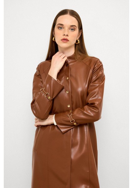 Hakim Yaka Kemer Detaylı Uzun Deri Trençkot Taba 6775 fırsatları