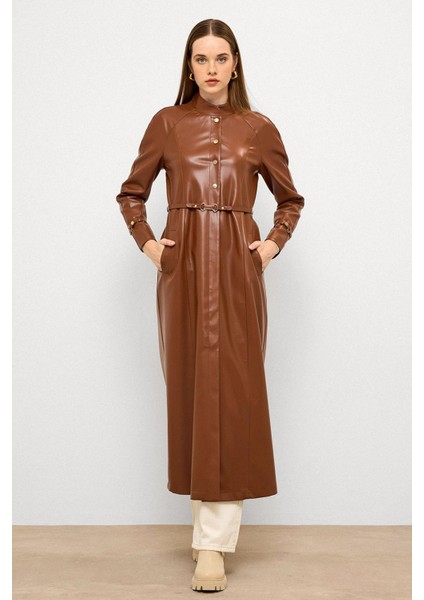 Hakim Yaka Kemer Detaylı Uzun Deri Trençkot Taba 6775 indirimleri