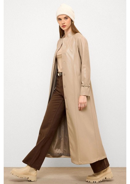 Hakim Yaka Kemer Detaylı Uzun Deri Trençkot Taş 6775