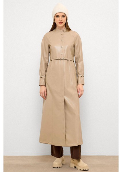 Hakim Yaka Kemer Detaylı Uzun Deri Trençkot Taş 6775 modelleri