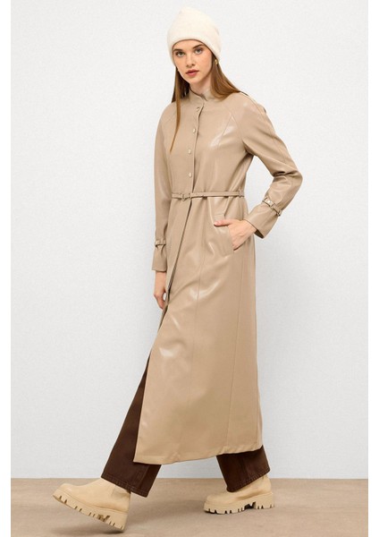 Hakim Yaka Kemer Detaylı Uzun Deri Trençkot Taş 6775 indirimleri