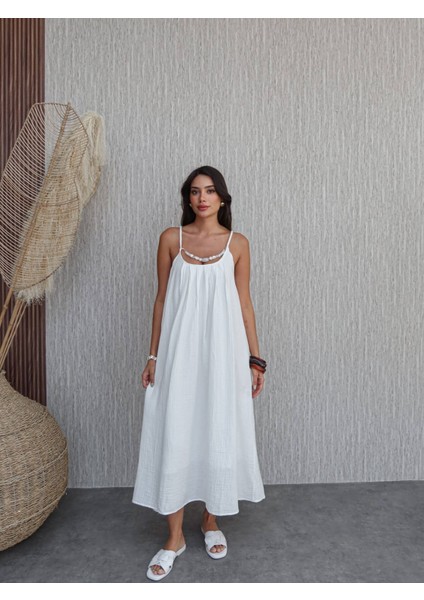 Örgü Askılı Göğüs Taşlı Midi Elbise