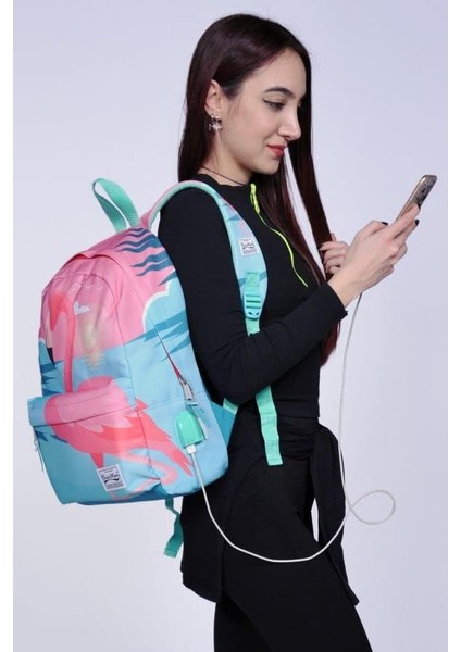 High Yeşil Pembe Flamingo Desenli Sırt Çantası - Okul ve Günlük - Usb+Aux Soketli modelleri