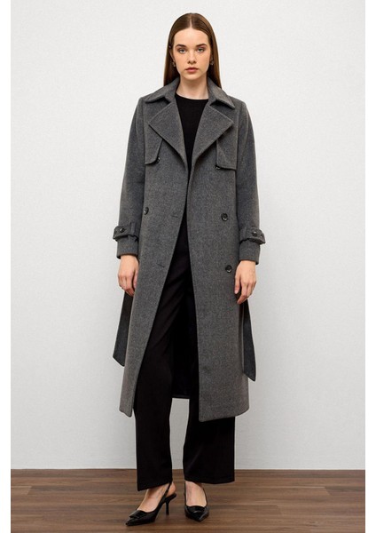 Pelerin Detaylı Kruvaze Kaban Koyu Gri 3091