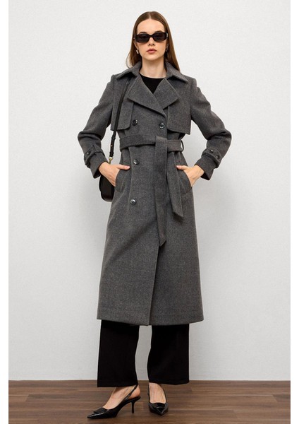 Pelerin Detaylı Kruvaze Kaban Koyu Gri 3091 modelleri