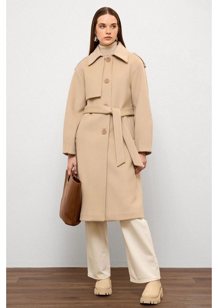 Gömlek Yaka Punto Dikiş Detaylı Premium Kaban Bej 3125