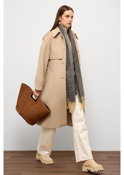 Gömlek Yaka Punto Dikiş Detaylı Premium Kaban Bej 3125 indirimleri