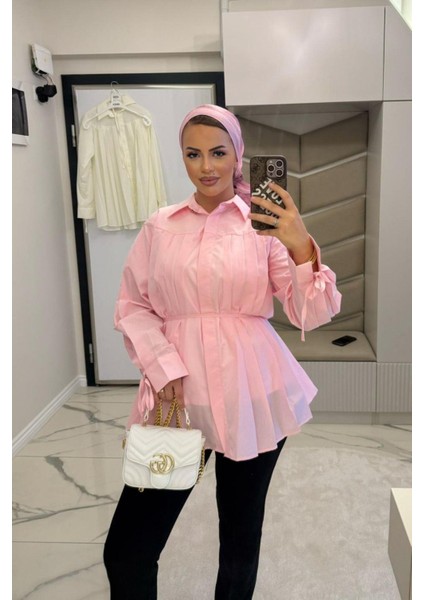Kadın Pembe Plikaşe Kollu Gömlek modelleri