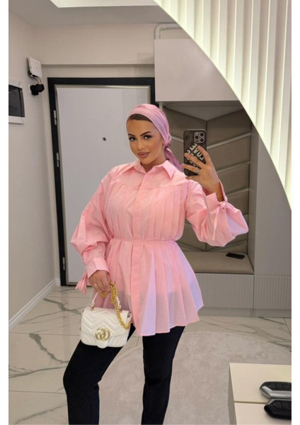 Kadın Pembe Plikaşe Kollu Gömlek fırsatları
