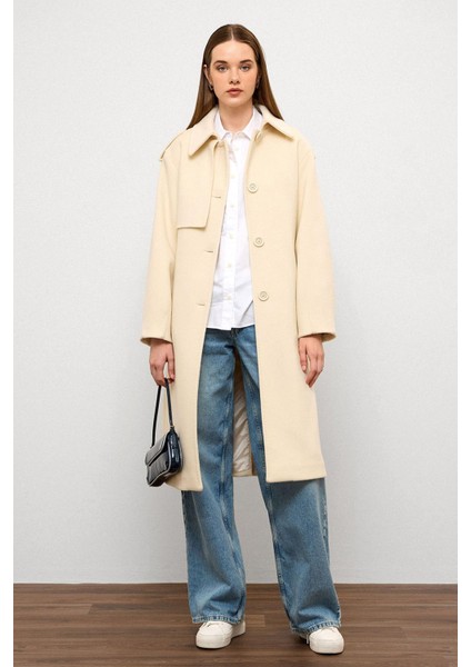 Gömlek Yaka Punto Dikiş Detaylı Premium Kaban Ekru 3125