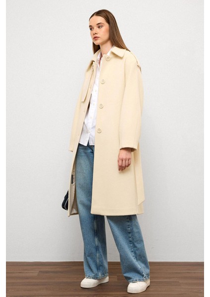 Gömlek Yaka Punto Dikiş Detaylı Premium Kaban Ekru 3125