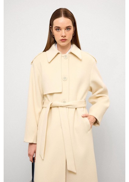 Gömlek Yaka Punto Dikiş Detaylı Premium Kaban Ekru 3125