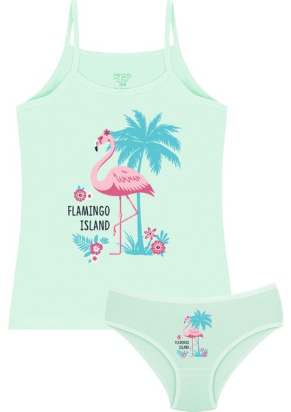 Kız Çocuk Atlet Külot Likralı Yeşil Flamingo (%96 Pamuk - %4 Elastan)