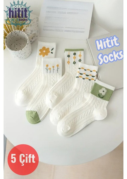 Kadın 5 Çift Premium Kalite Yeşil Çiçek Desenli Soket Çorap