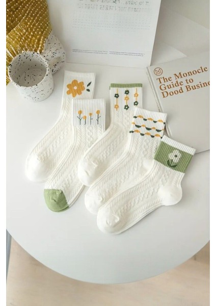 Kadın 5 Çift Premium Kalite Yeşil Çiçek Desenli Soket Çorap fiyatları