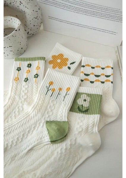 Kadın 5 Çift Premium Kalite Yeşil Çiçek Desenli Soket Çorap