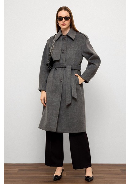 Gömlek Yaka Punto Dikiş Detaylı Premium Kaban Gri 3125