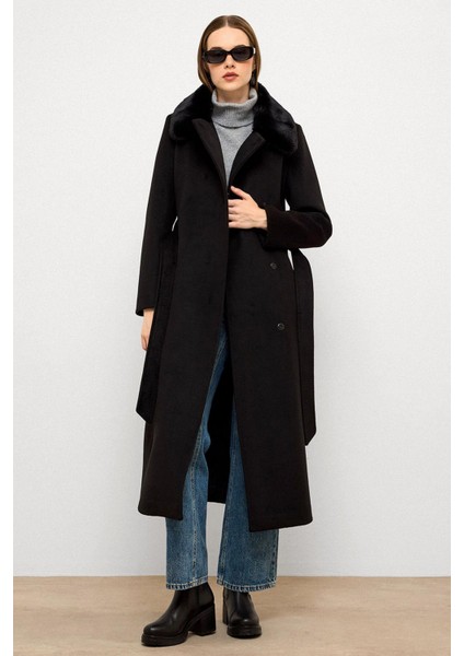 Yakası Çıkabilen Kürklü Punto Dikiş Detaylı Premium Uzun Kaban Siyah 3092