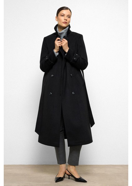 Pelerin Detaylı Kruvaze Kaban Siyah 3091