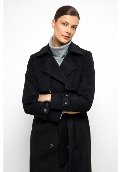 Pelerin Detaylı Kruvaze Kaban Siyah 3091