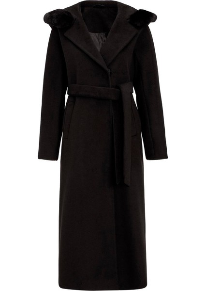 Kürklü Kapüşonlu Beli Bağlamalı Uzun Kaban Siyah 3107 fiyatları