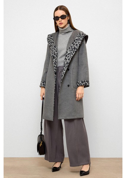 Kapüşonlu Leopar Desen Garnili Torba Cepli Kaban Koyu Gri 3123