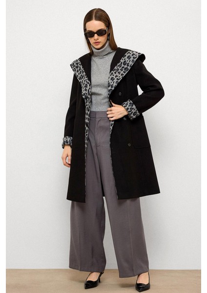 Kapüşonlu Leopar Desen Garnili Torba Cepli Kaban Siyah 3123