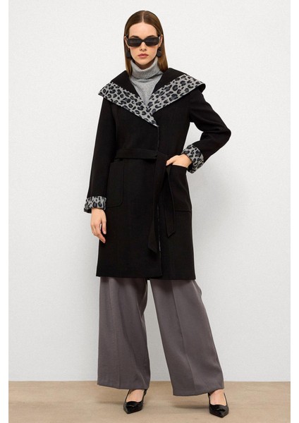 Kapüşonlu Leopar Desen Garnili Torba Cepli Kaban Siyah 3123 fiyatları