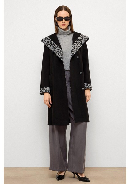 Kapüşonlu Leopar Desen Garnili Torba Cepli Kaban Siyah 3123 fırsatları