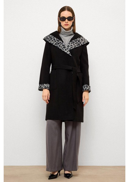 Kapüşonlu Leopar Desen Garnili Torba Cepli Kaban Siyah 3123 indirimleri