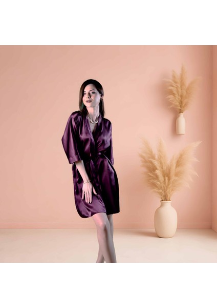 Mor Kısa Saten Kimono | Kadın Ipek Sabahlık | Lüks Ev Giyimi Sabahlık