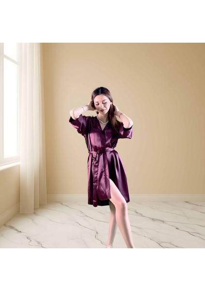 Mor Kısa Saten Kimono | Kadın Ipek Sabahlık | Lüks Ev Giyimi Sabahlık modelleri