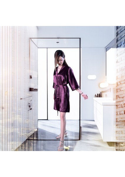 Mor Kısa Saten Kimono | Kadın Ipek Sabahlık | Lüks Ev Giyimi Sabahlık fırsatları