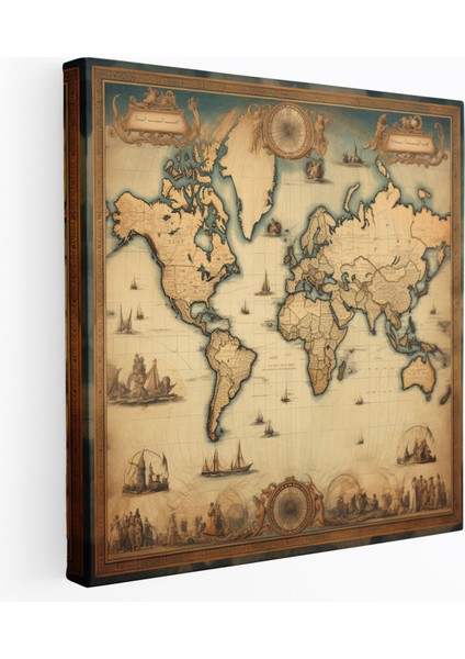 Dünya Haritası - Antika Vintage Tarzı Kanvas Tablo - Dünya Haritası Vintage Tarzı Antika Kanvas Duvar Sanatı