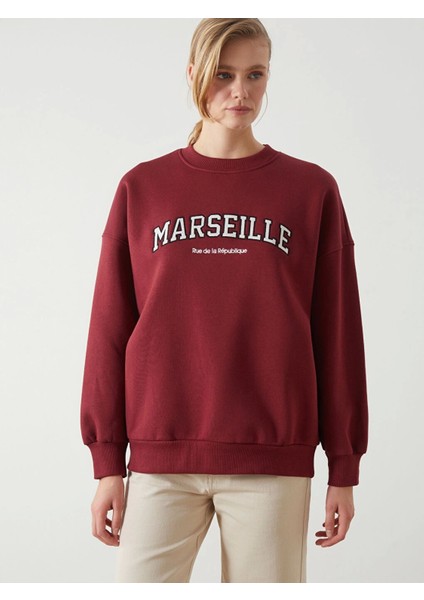 Lcw Vision Bordo Bisiklet Yaka Nakışlı Oversize Kadın Kalın Sweatshirt