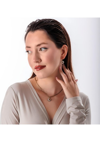 Klasik Işıltı Bordo Kadın 2'li Takı Seti Küpe Kolye Takım Bakır El Yapımı Kararma Yapmaz Kutulu