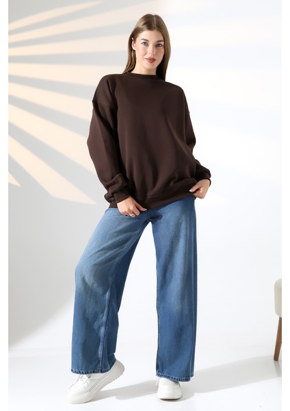 Şardonlu Bisiklet Yaka Oversize Sweatshirt 21620 Kahve