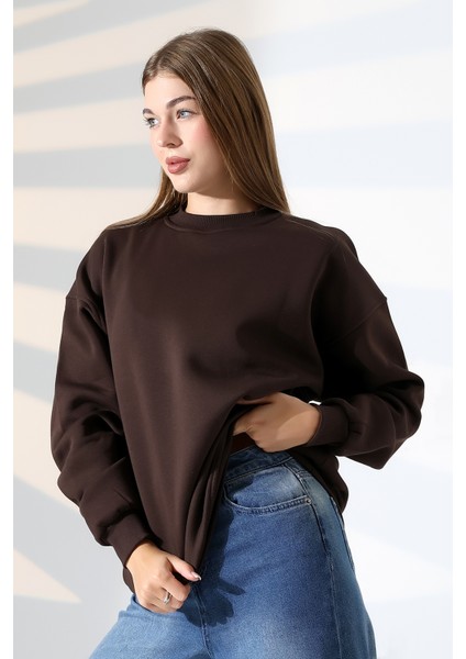 Şardonlu Bisiklet Yaka Oversize Sweatshirt 21620 Kahve fiyatları