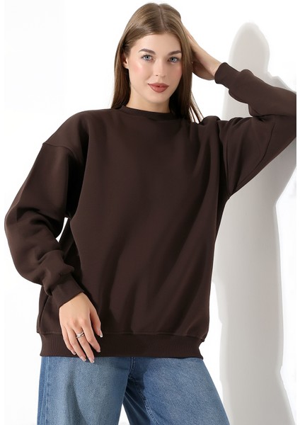 Şardonlu Bisiklet Yaka Oversize Sweatshirt 21620 Kahve modelleri