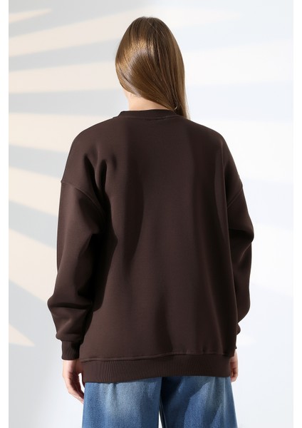 Şardonlu Bisiklet Yaka Oversize Sweatshirt 21620 Kahve fırsatları