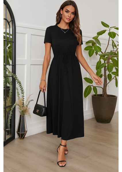 Kadın Kısa Kollu Bisiklet Yaka Belden Bağlamalı Önü Bağcık Detaylı Maksi Boy Viskon Elbise