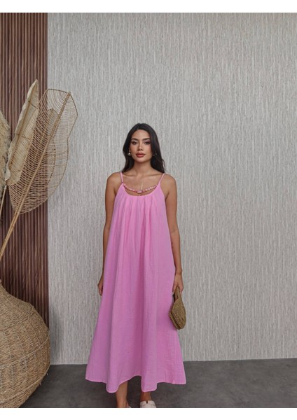 Örgü Askılı Göğüs Taşlı Midi Elbise