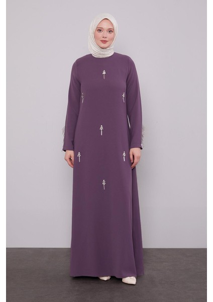 Lila Taş Işleme Detaylı Elbise