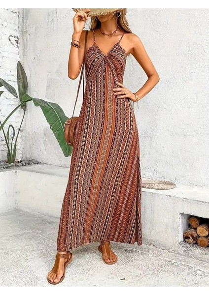 Kadın Ip Askılı Sırttan Çapraz Detaylı Yırtmaçlı Desenli Süprem Elbise fırsatları